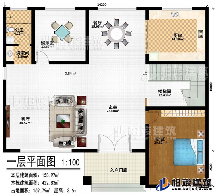 一层：入户门廊、玄关、客厅、餐厅、厨房、娱乐室、楼梯间、卧室、洗漱间、公卫