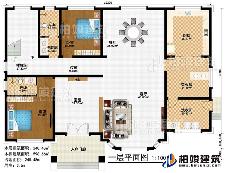 一层：入户门廊、堂屋、神龛、客厅、餐厅、厨房、柴火房、2卧室、洗漱间、洗衣间、公卫、内卫、过道、楼梯间