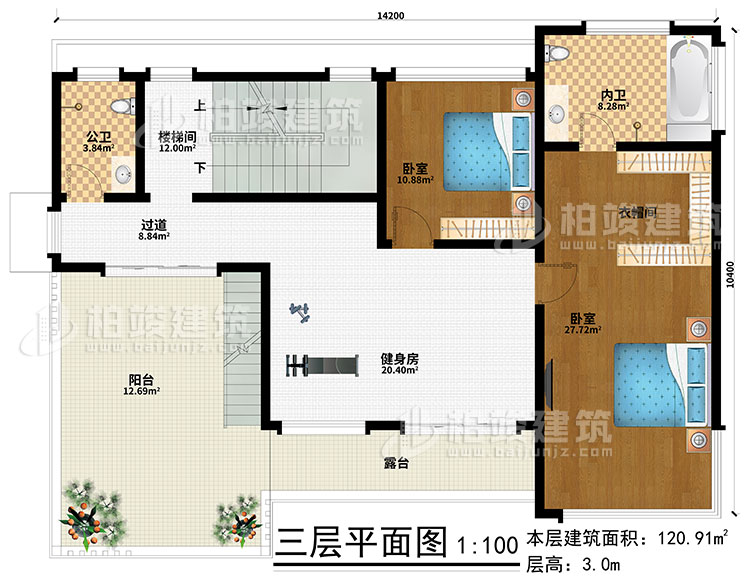 三层：健身房、楼梯间、2卧室、衣帽间、过道、公卫、内卫、阳台、露台